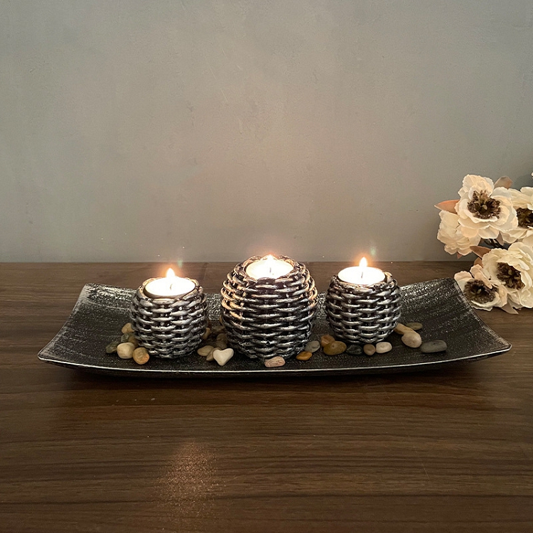 Cross-border new antique rattan candlestick set wooden resin crafts home zen ornaments scented candles
